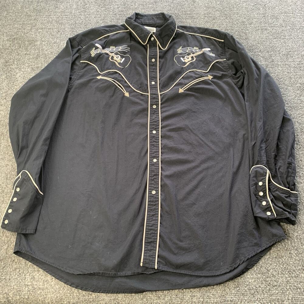 Express Rider Western Shirt Mens Large Black Embroidered Guitars Pearl Snap Rock